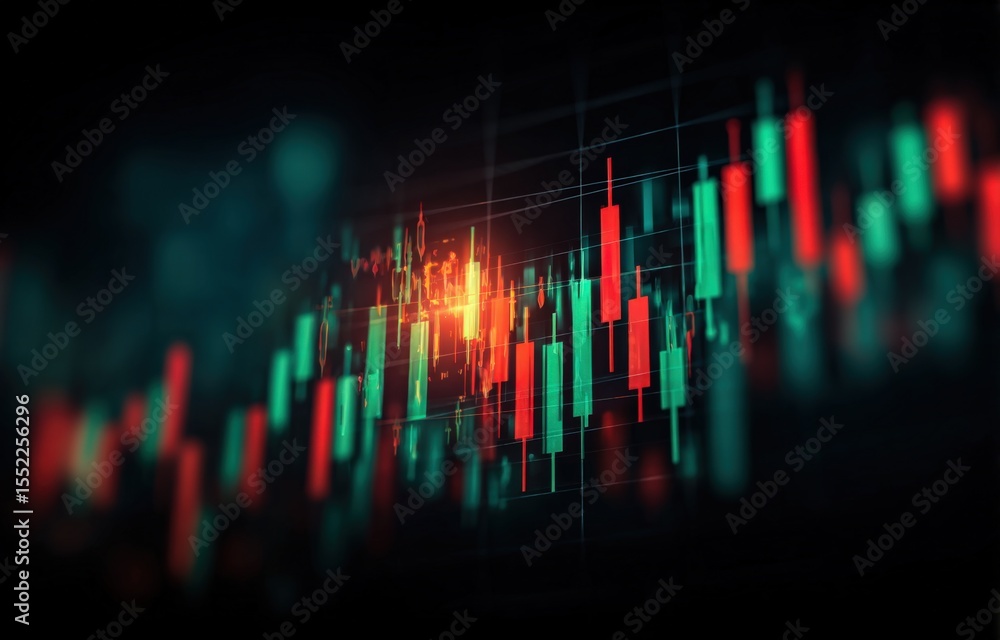 Poster vibrant stock market candlestick chart displaying price movements over time with bright glowing high