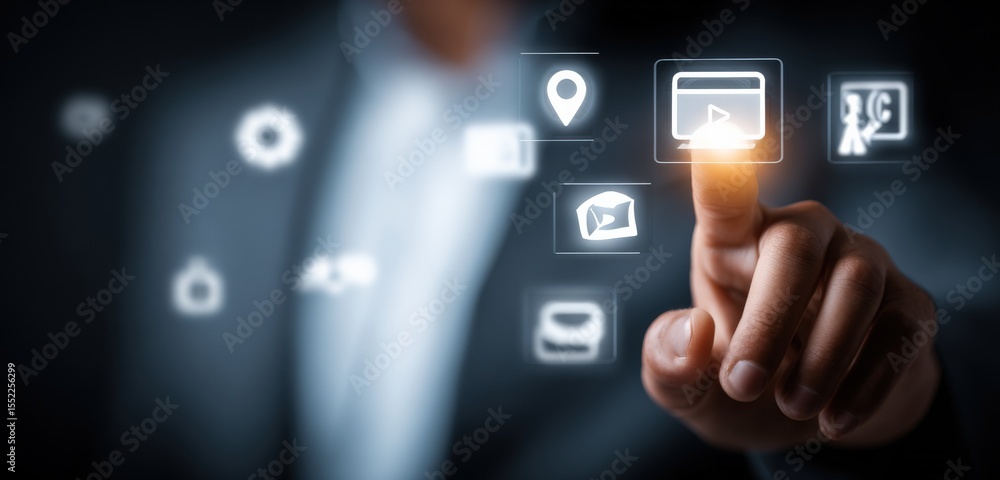 Aufkleber Modern business professional using touchscreen interface with digital icons connected to communication technology in a futuristic workspace scene