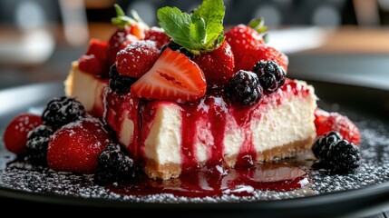 A beautifully plated slice of cheesecake topped with a plethora of fresh strawberries and blackberries, drizzled with berry sauce for a delicious finish.