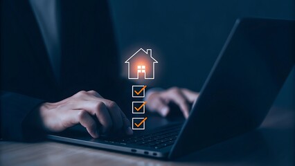 Businessman using smartphone with glowing digital checklist and house icon hologram representing real estate sales, property management, and mobile technology on black background.