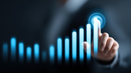 Businessman touching glowing digital growth chart with upward arrow representing financial success and data analysis in a futuristic workspace