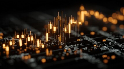 Futuristic digital financial data chart with glowing orange bars and points representing stock market trends on dark background