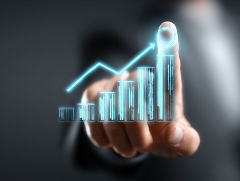 Modern business hand holding digital glowing chart graph showing growth and increase in financial success with upward arrow and data visualization