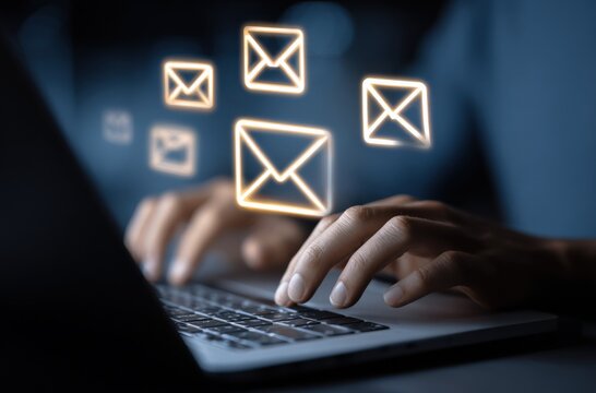 Modern digital communication concept with glowing email icons icons floating above keyboard in dark background symbolizing messaging, connectivity, and technology