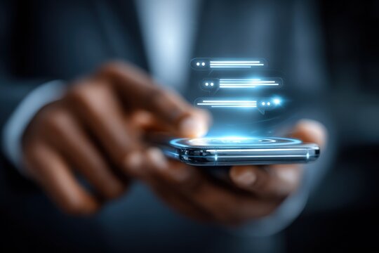 Futuristic digital hologram interface projecting glowing data streams from a smartphone with a person's hand in business attire, innovative technology concept