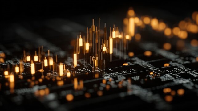 Futuristic digital financial data chart with glowing orange bars and points representing stock market trends on dark background - Powered by Adobe