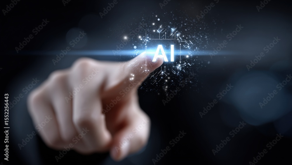Poster Futuristic digital artificial ligence concept with glowing AI icon being touched by human finger in a high-tech environment with sparkling effects and digital network background