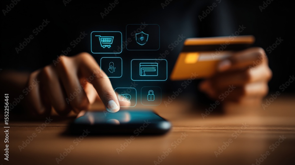 Poster modern digital payment transaction with contactless card and smartphone involving secure online shop