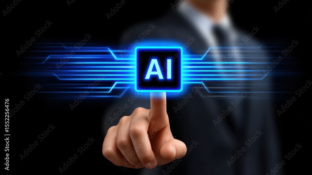 Aufkleber Modern technology concept of artificial ligence with a person touching a glowing AI icon on virtual screen in a futuristic digital environment