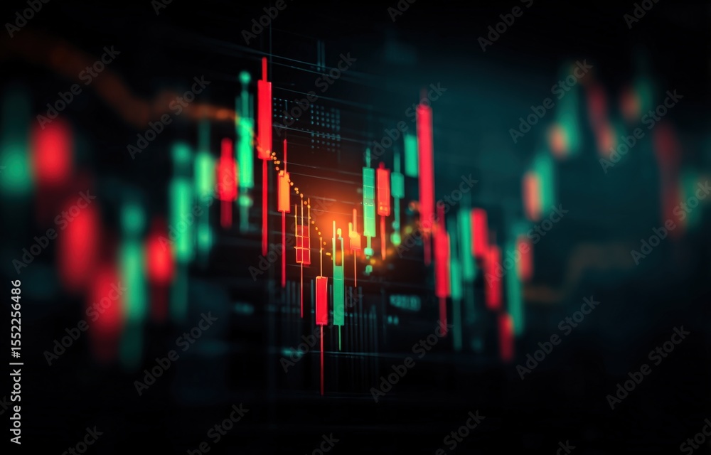 Poster Dynamic Digital Stock Market Chart with Bright Candlesticks and Line Graphs Showing Financial Data and Market Trends on Dark Background