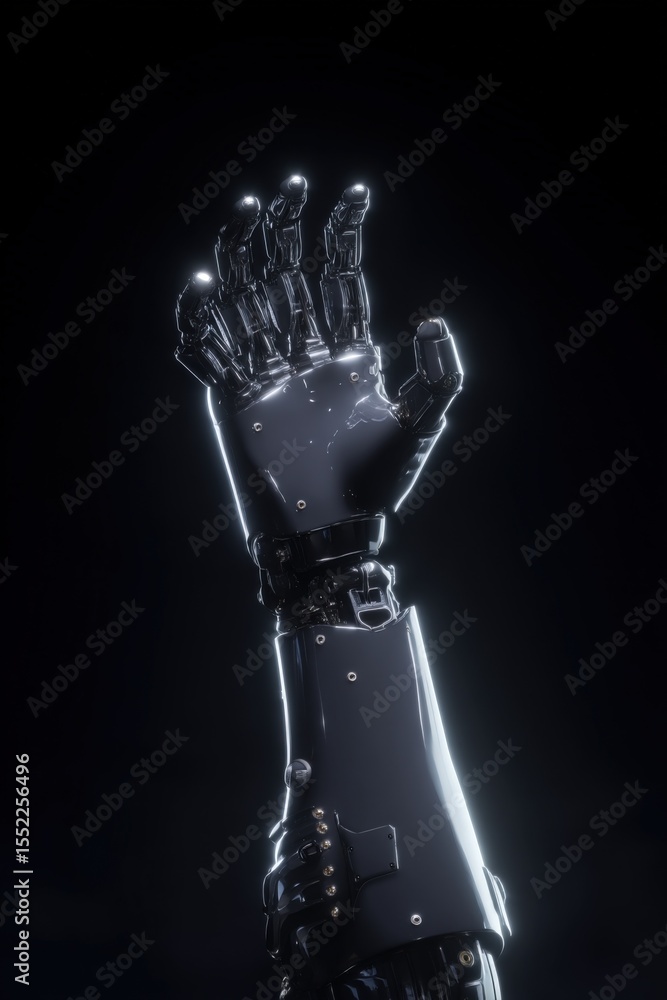 Poster futuristic humanoid robot hand with illuminated fingers and advanced cybernetic design against dark 