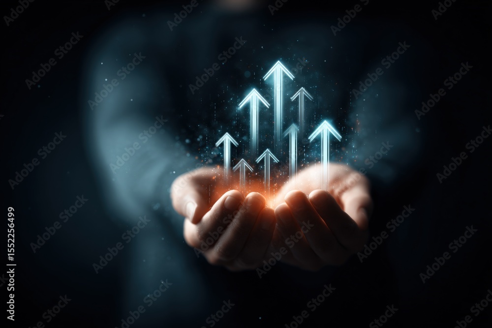 Poster Hand holding glowing upward arrows symbolizing growth and progress in a dark background with digital effects and sparkles for success and innovation