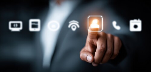 Modern touchscreen interface with icons for user profile WiFi call camera email and settings in a sleek digital environment