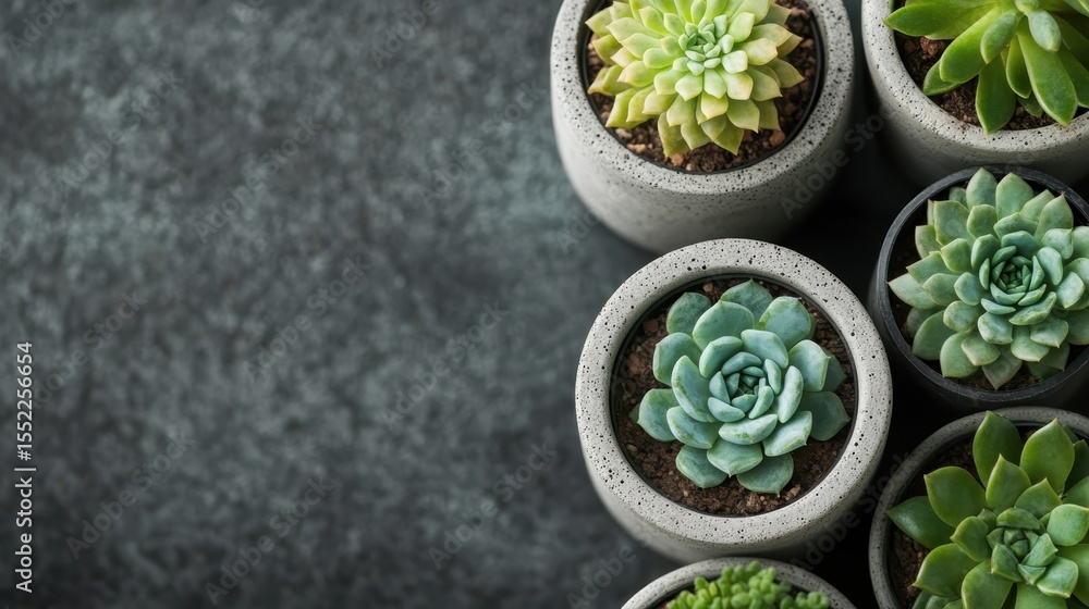 Poster a collection of vibrant succulents displayed in modern pots, perfect for adding a touch of nature to