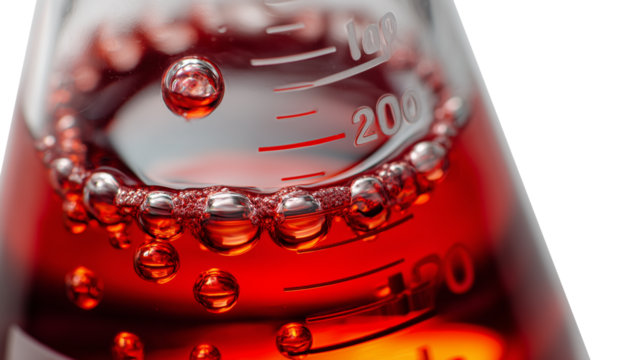 a micro close view of lab flask with scale on the surface, and there is red medical liquid inside, white background.