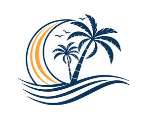 Obraz premium Tropical Beach Scene with Palm Trees and Ocean Waves