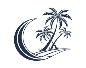Tropical Palm Trees Silhouette with Crescent Moon and Waves