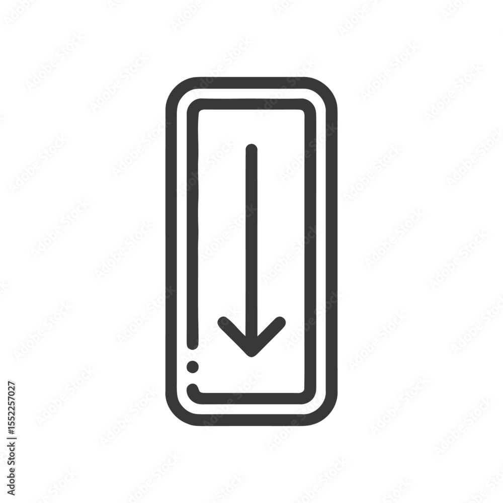 Aufkleber minimalist down arrow icon in rounded rectangle frame, graphic design element