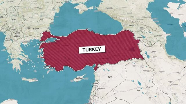 Borders of the state of Turkey on the map. Country Turkey on the map is highlighted by a polygonal border. From above zooming in with panoramic view