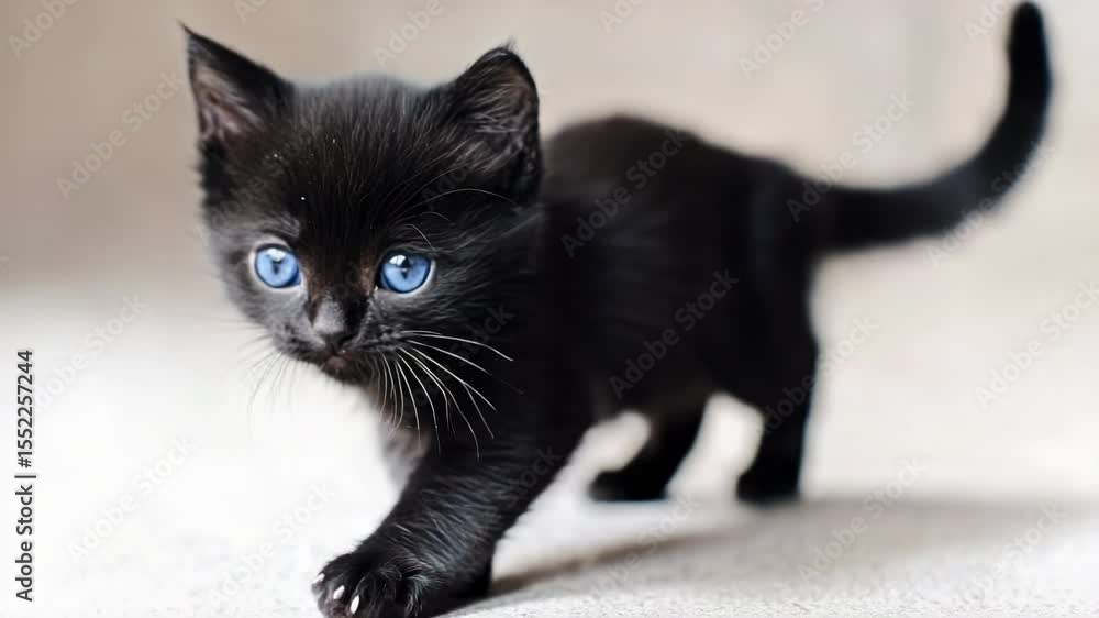 Poster a close-up image of a black kitten with bright blue eyes walking on a colorful carpet