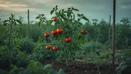 A tomato bush grows in the open field with tomatoes developing on the low-growing plant. Development of tomato in the garden. Low-growing tomato bush - growing.