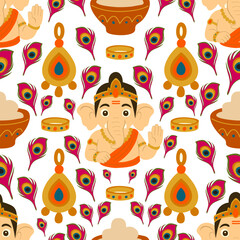 Ganesh and Diwali Seamless Pattern, Hindu Festival Vector, Indian Celebration Background