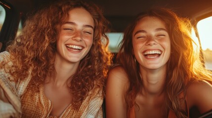 Fototapeta premium Two joyful friends share a moment of laughter inside a vintage car, illuminated by warm sunlight, capturing the essence of friendship and nostalgia during a fun adventure.