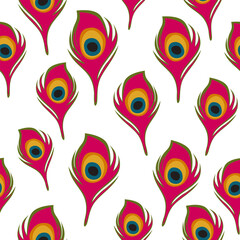 Pink peacock Feather Seamless Pattern, Vector Indian Boho Background, Colorful Repeat Design