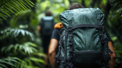 An intrepid hiker with a heavy backpack navigates through a lush tropical rainforest, embodying adventure and exploration in a vibrant, green environment.