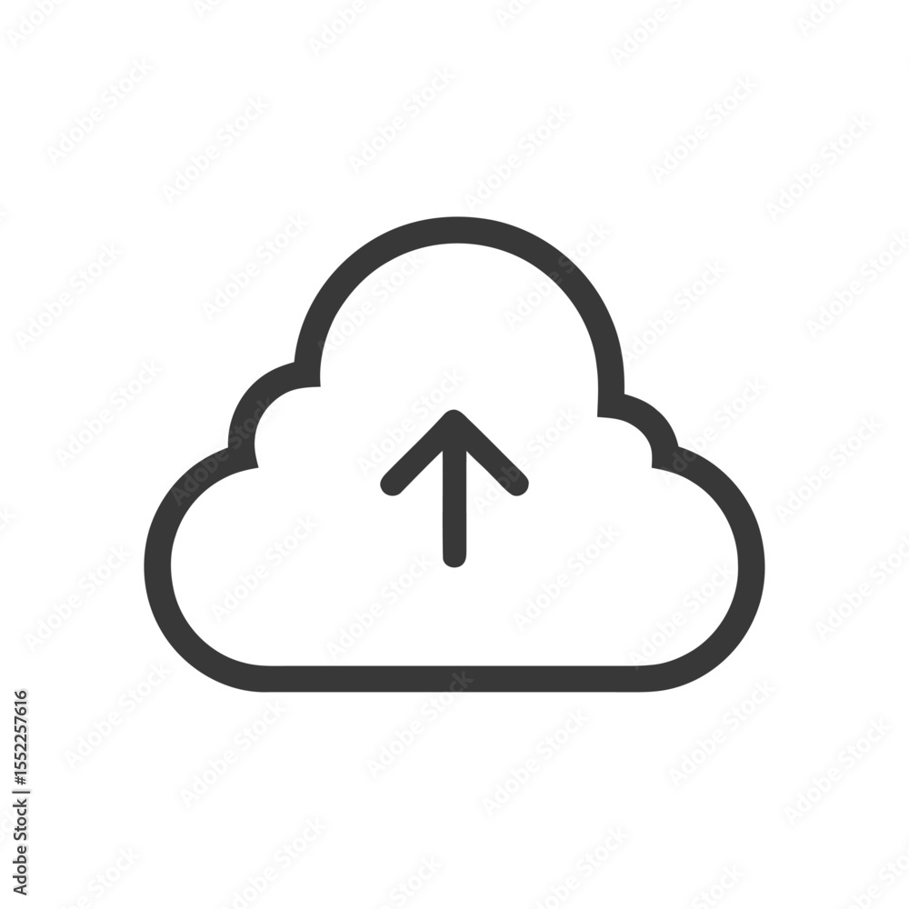 Poster minimalist cloud upload icon: simple data transfer symbol on white