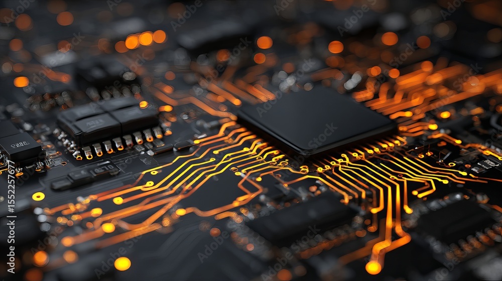 Poster abstract technology background orange circuit board digital technology electronic components microch