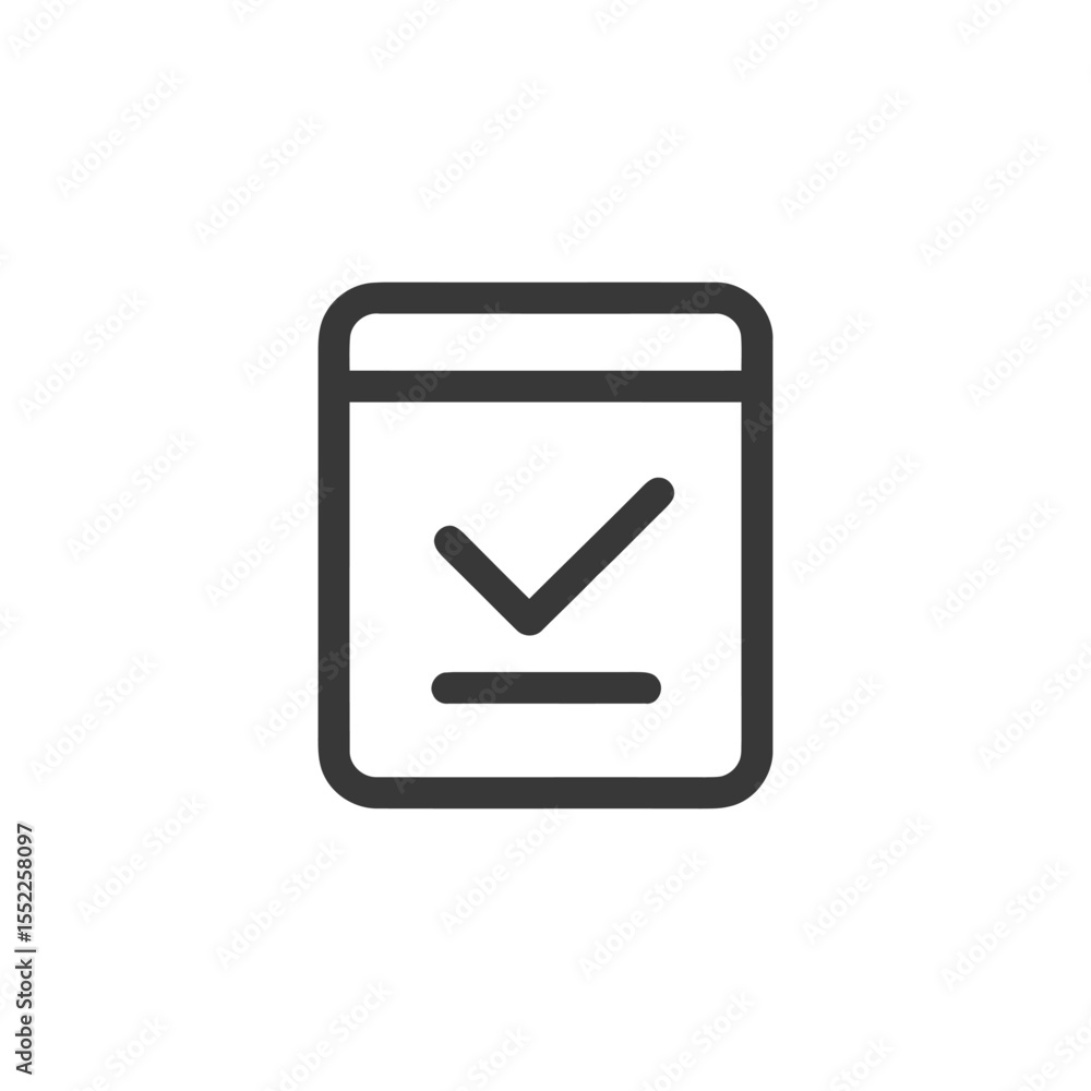 Poster minimalist checkmark icon: dark gray tick in rounded square frame on white background