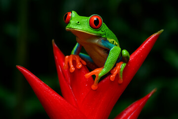 Obraz premium Red-Eyed Tree Frog on Tropical Red Flower – Vivid Rainforest Macro Wildlife Scene