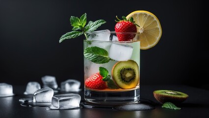One cocktail with ice, lemon, mint, strawberries, sweet kiwi in cognac glass on a black background with empty copy space for text