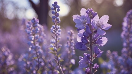 Fototapeta premium Close Up Shot Of Purple Flower Blossom seen in nature with sunlight. Floral and botanical theme. Nature and garden. The beauty of purple flowers in bloom
