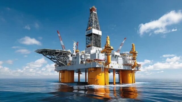 Offshore Oil Rig in Operation: A massive offshore oil rig stands tall against a brilliant blue sky, its yellow support legs firmly planted in the ocean, a testament to the industry's scale and power.