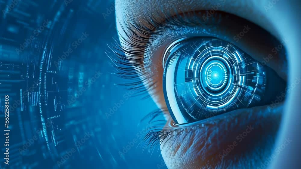 Poster close-up of human eye with advanced technological digital overlay, representing futuristic artificia