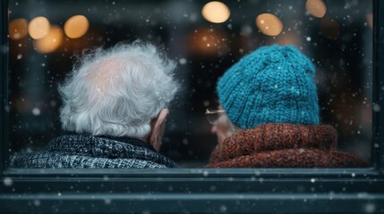 An intimate scene showcasing a senior couple sitting together by a snowy window, reflecting warmth and companionship amidst the embrace of winter.