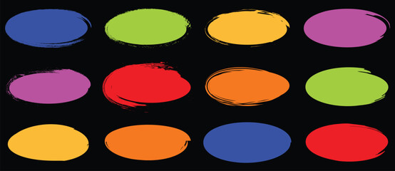 Set of colored grunge circles shapes on a white background. Paint brush stamp collection. Vector brush circle. Grunge round shape, multicolor paint brush circle 