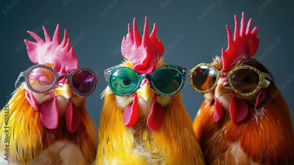 Poster a humorous image of chickens with sunglasses, stacked on top of each other