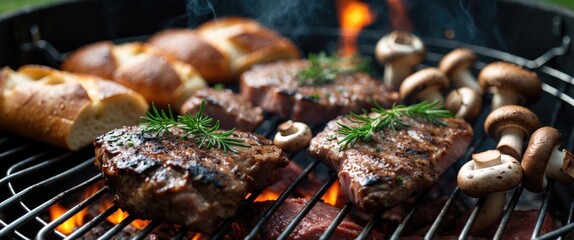 Close Up Of Barbecue With Meat, Mushrooms And Bread, with empty copy space for text