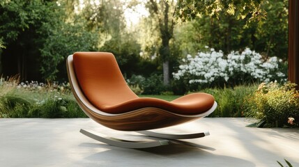 A beautifully designed rocking chair made of wood and fabric, positioned in a tranquil garden filled with lush greenery and blossoming flowers, symbolizing relaxation and style.