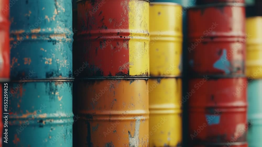 Poster a close-up shot of a group of metal barrels with intricate details and textures