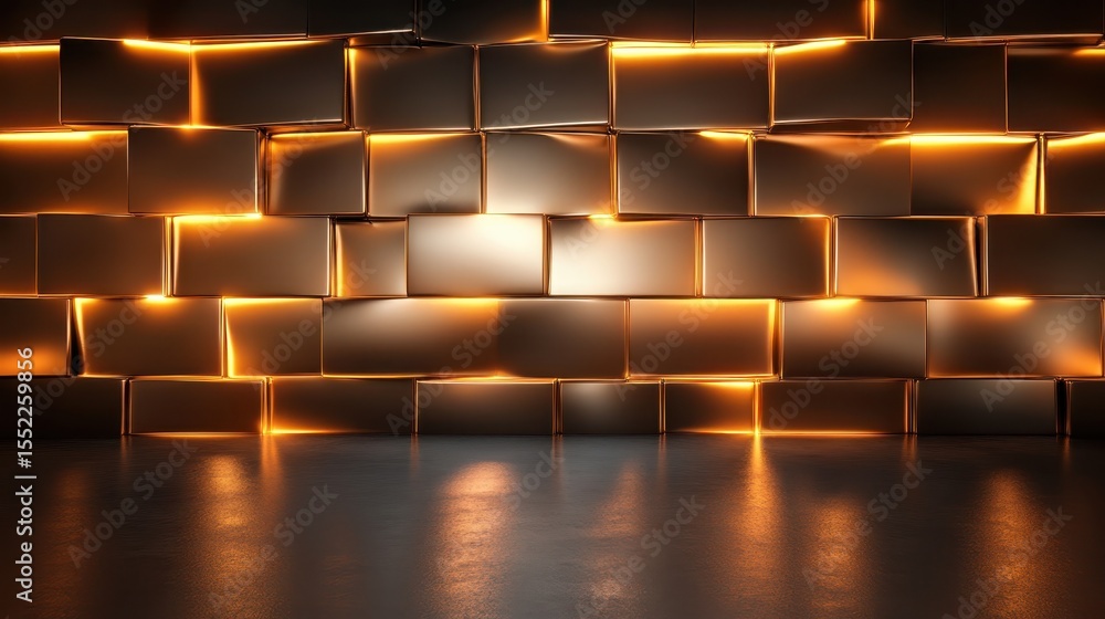 Poster an abstract wall composed of golden blocks illuminated by warm light, creating a modern and stylish 