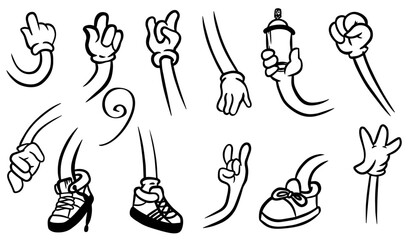 Cartoon Hands and Feet: A collection of cartoon hands and feet conveys a whimsical set of actions and gestures, perfect for adding a touch of playful expressiveness to any design.