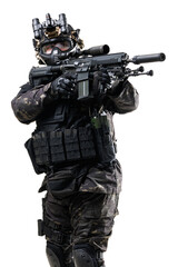 Special forces soldier in tactical gear and camouflage with rifle