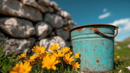 Naklejka premium A vintage turquoise bucket sits amidst blooming yellow flowers, creating a striking contrast against a rustic stone wall in a serene outdoor setting, inviting tranquility and nostalgia.