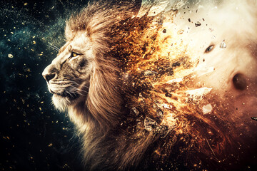 Stunning artistic image of a majestic lion’s head dissolving into shards, fire, and dust, symbolizing strength, transformation, and inner awakening. 