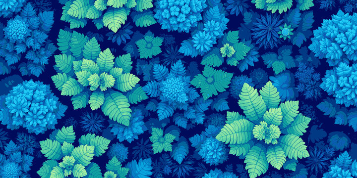 Nature-inspired abstract blue and green vegetation patterns. View from above, vector illustration.