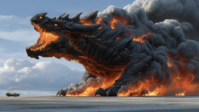 Wrath of the Fire Beast: A colossal, fire-breathing dragon erupts from the earth, its fiery maw agape against the desolate landscape, a tiny vehicle watches in awe.